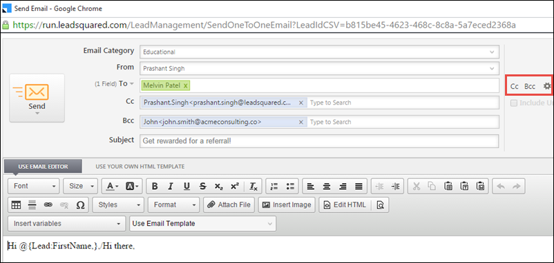 [17-Feb-16] CC / BCC option enabled for one-to-one emails | LeadSquared