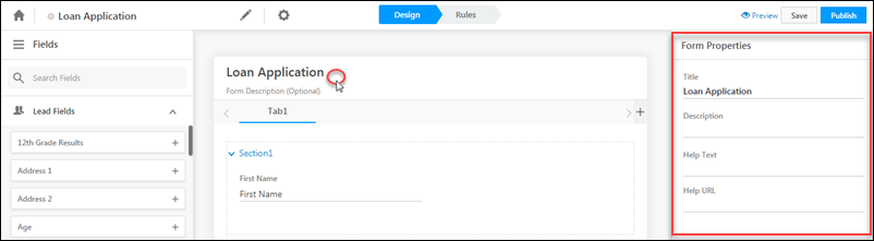 form properties pane