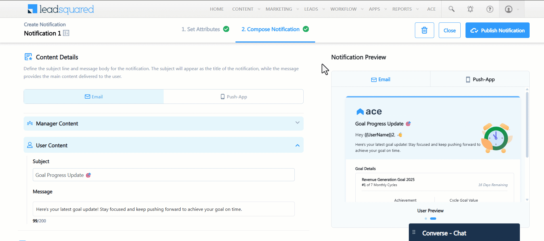 ace create custom notifications step 3