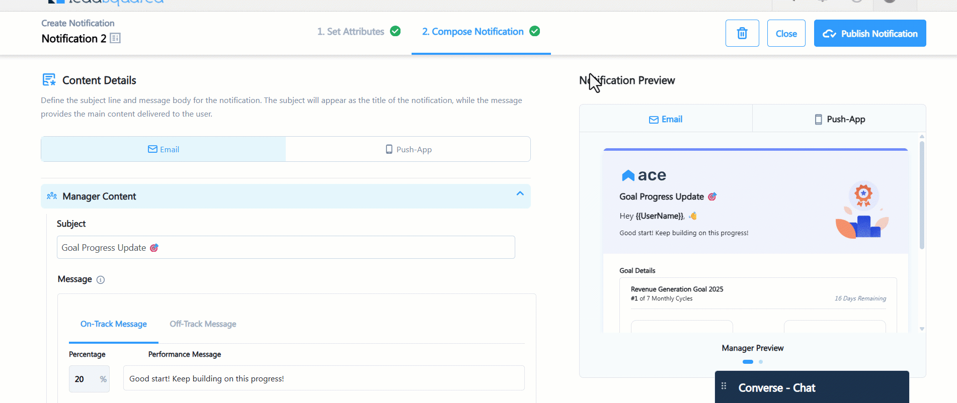 compose message for progress based notifications on ace