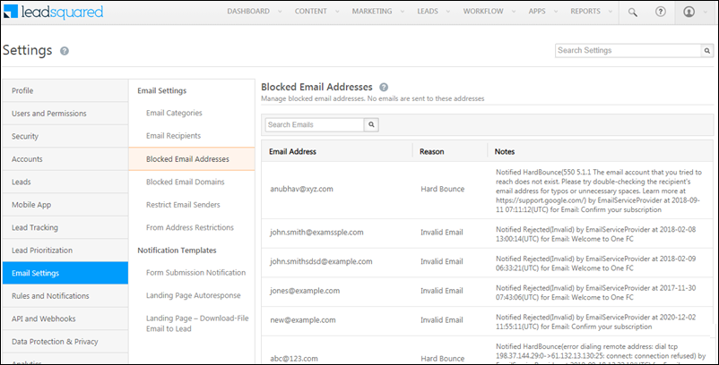 Blocked Email Lists in LeadSquared