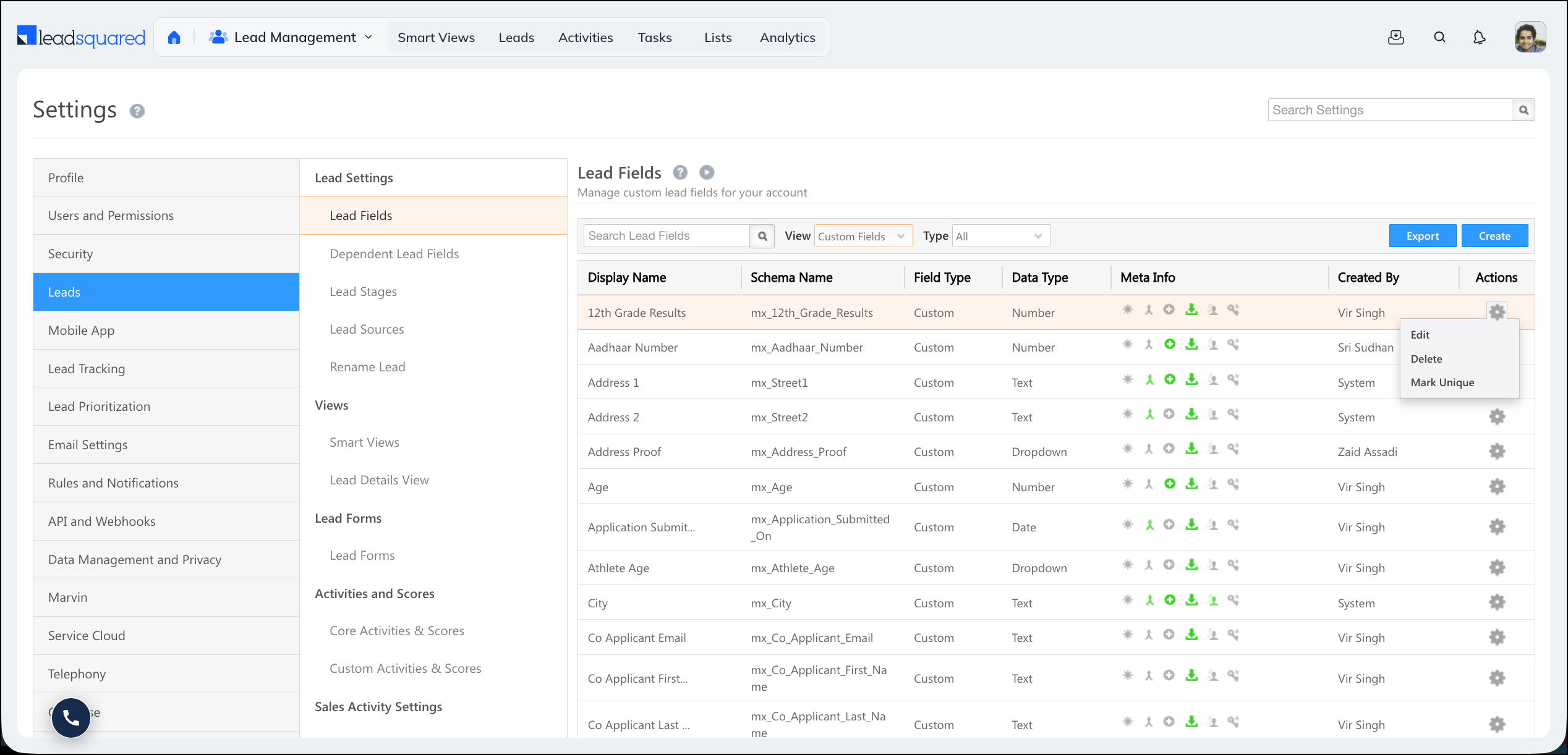 other actions on custom lead fields