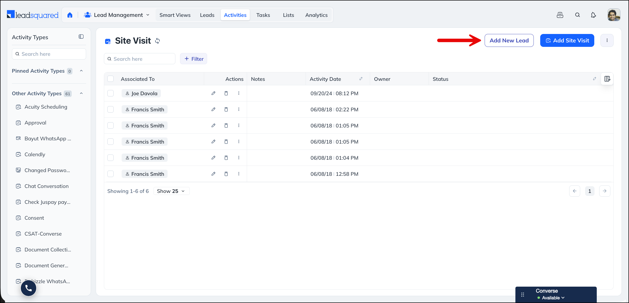 Add New Lead from Activities page