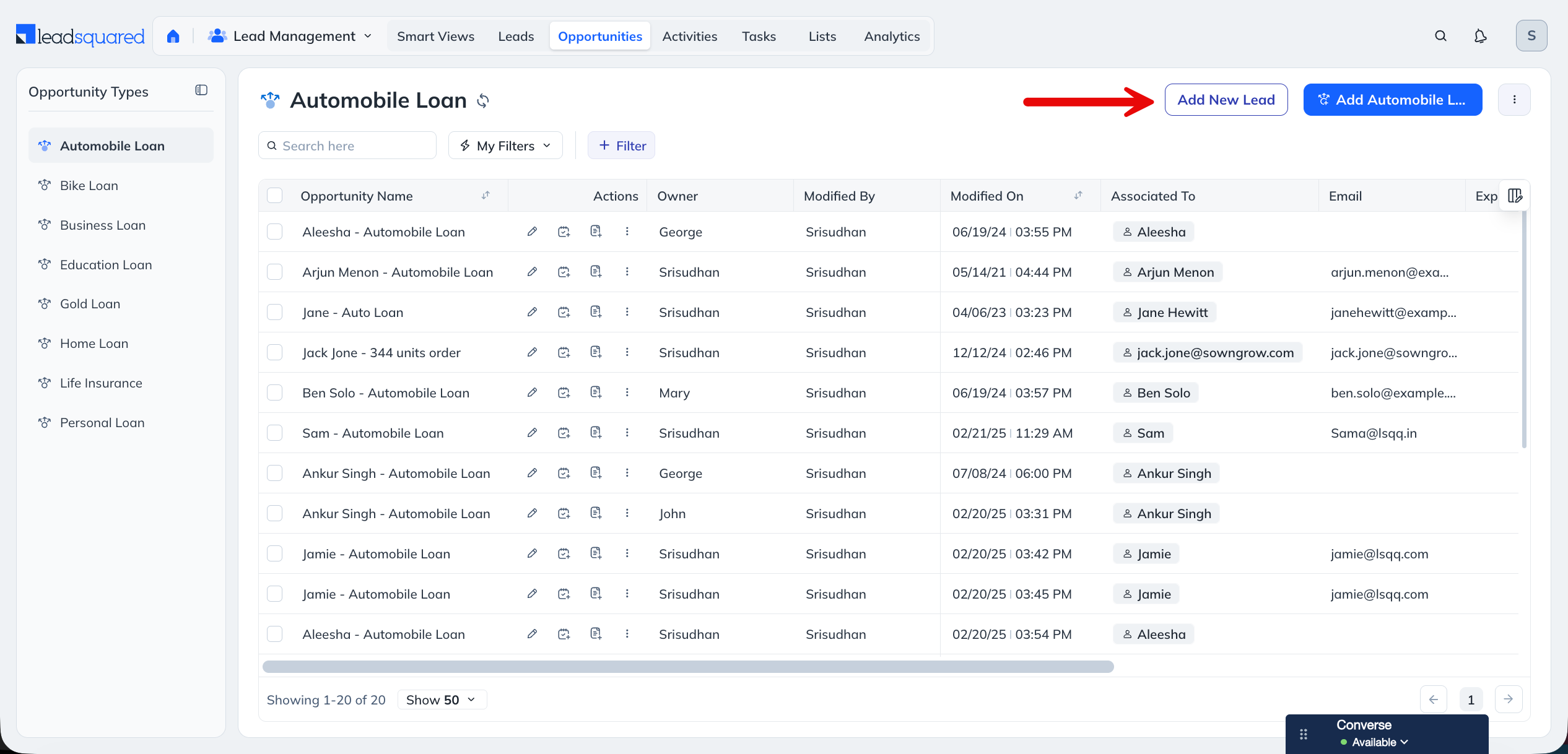 Add New Lead from Opportunities page