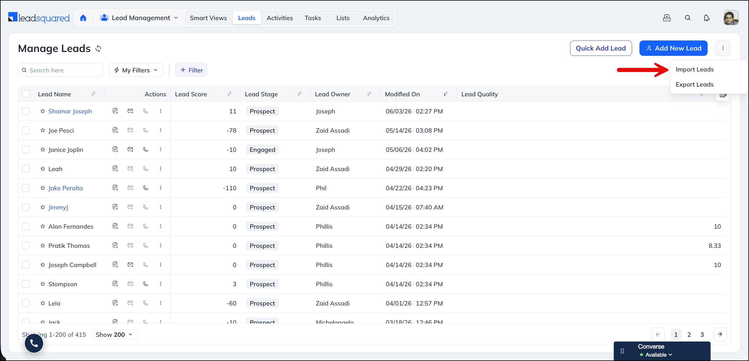 Import Leads from manage leads