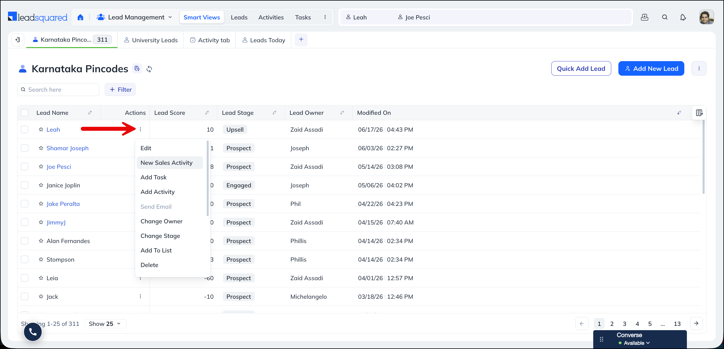 Add new sales activity from smart views