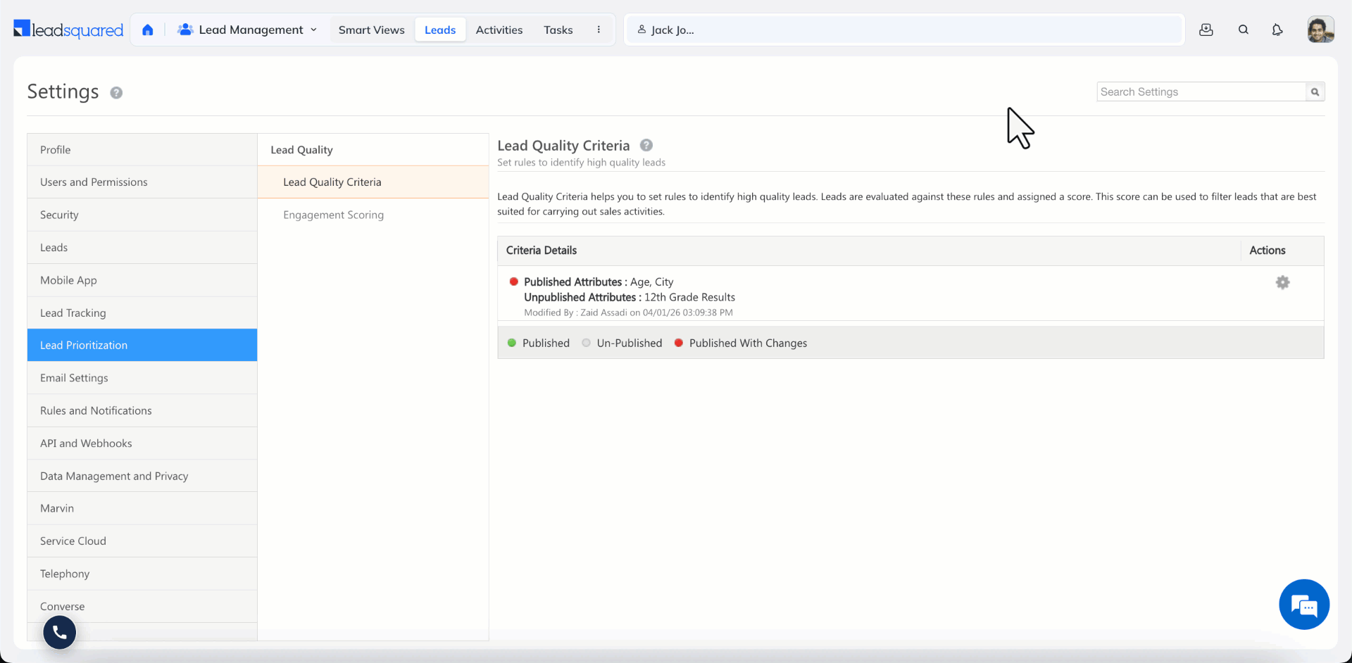 Lead quality criteria setup