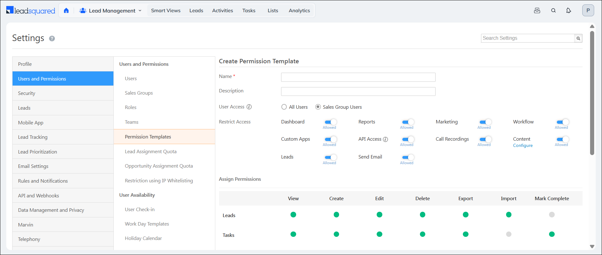Leadsquared - Permission Templates