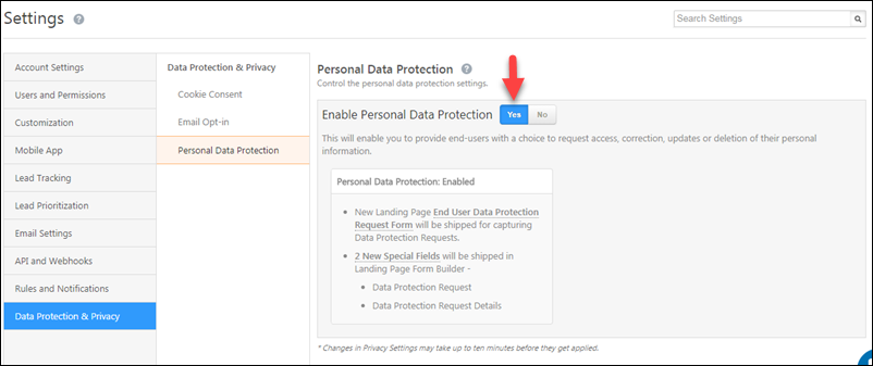 personal data protection settings