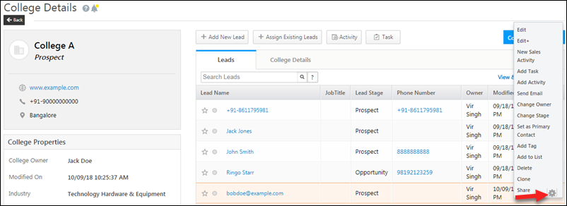 actions on leads in account