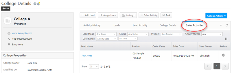 sales activity tab in account details