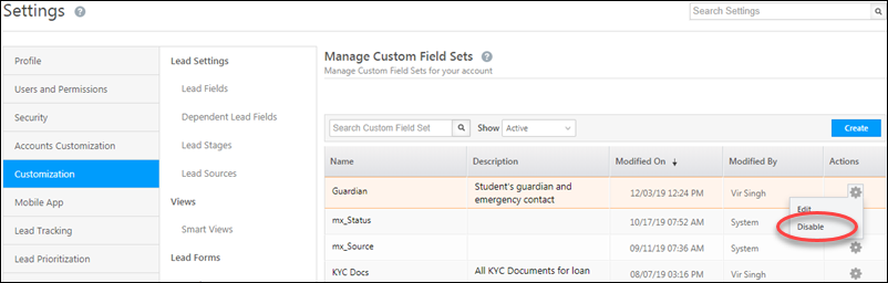 disable custom field sets