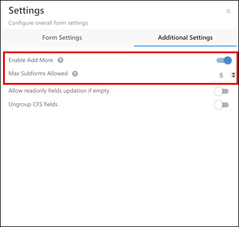 max allowed sub forms add more