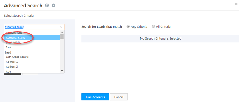 advanced search in account activities