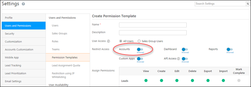 accounts access in permission templates