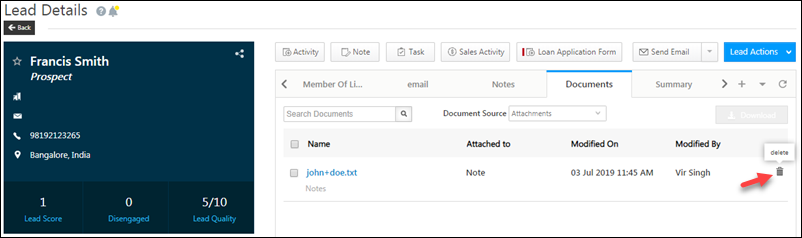 Delete from documents tab