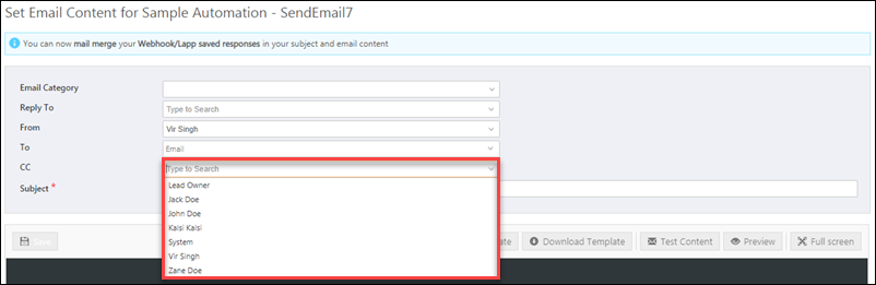 cc users in send email automation action