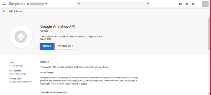 enable analytics api google developer console