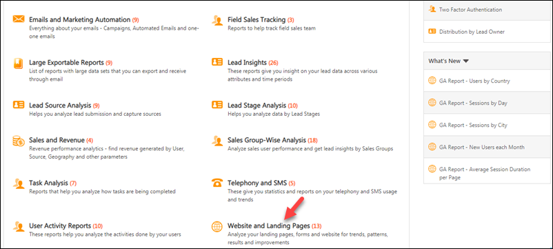 website and landing pages reports