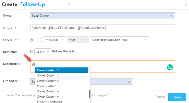 user custom fields mail merge in automation actions