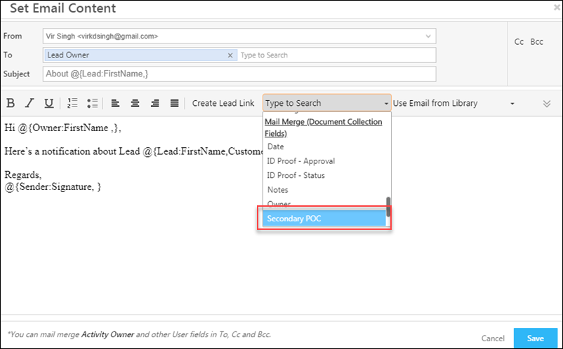 user fields in notify user action