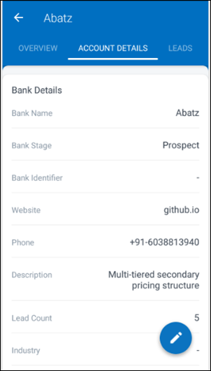 Account details screen on android