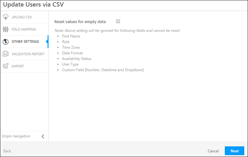 Update User via CSV Other Settings