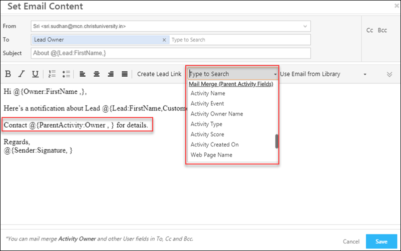 mail merge in activity on activity actions