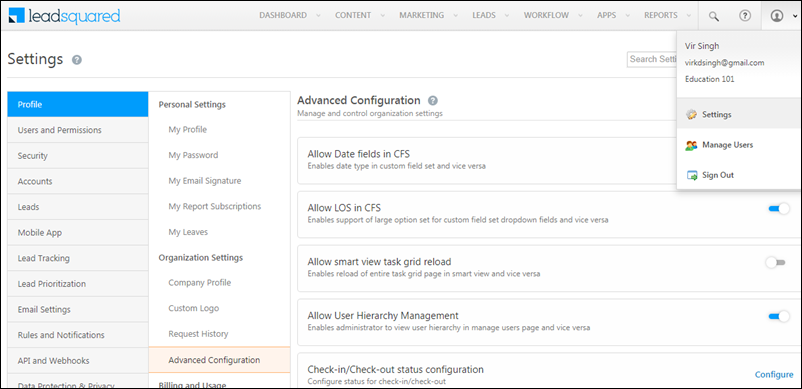 advanced configurations organization settings