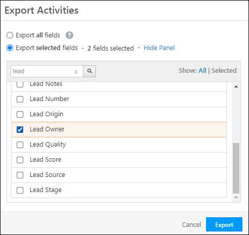 lead owner in activity export
