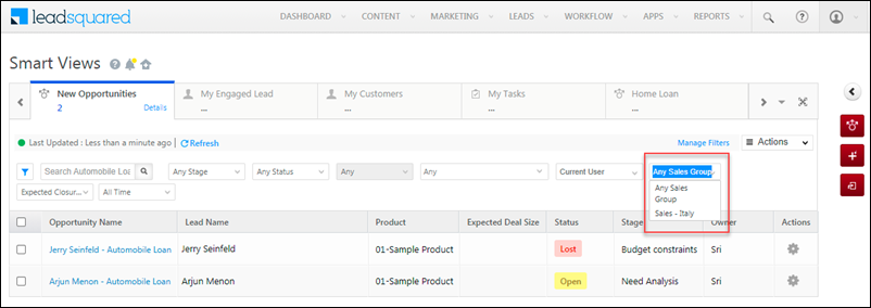 sales group filter for smart views opp type tabs