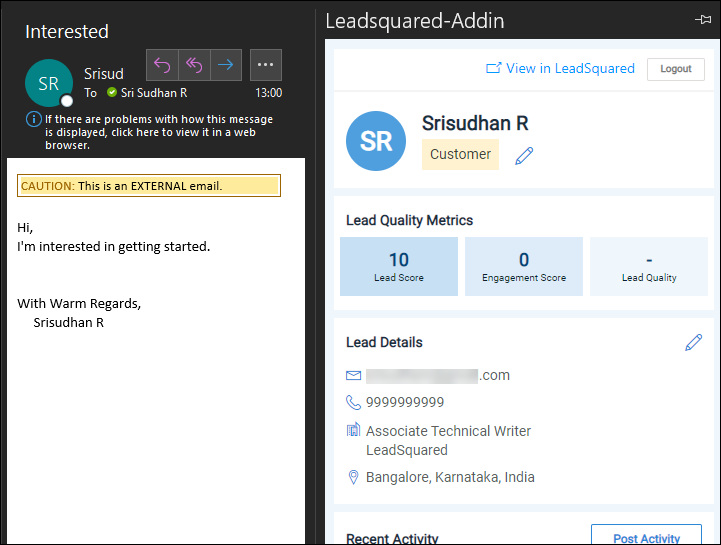 LeadSquared Outlook Integration