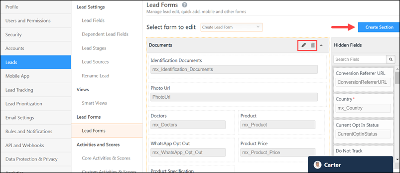 LeadSquared - Editing Sections in Lead Forms