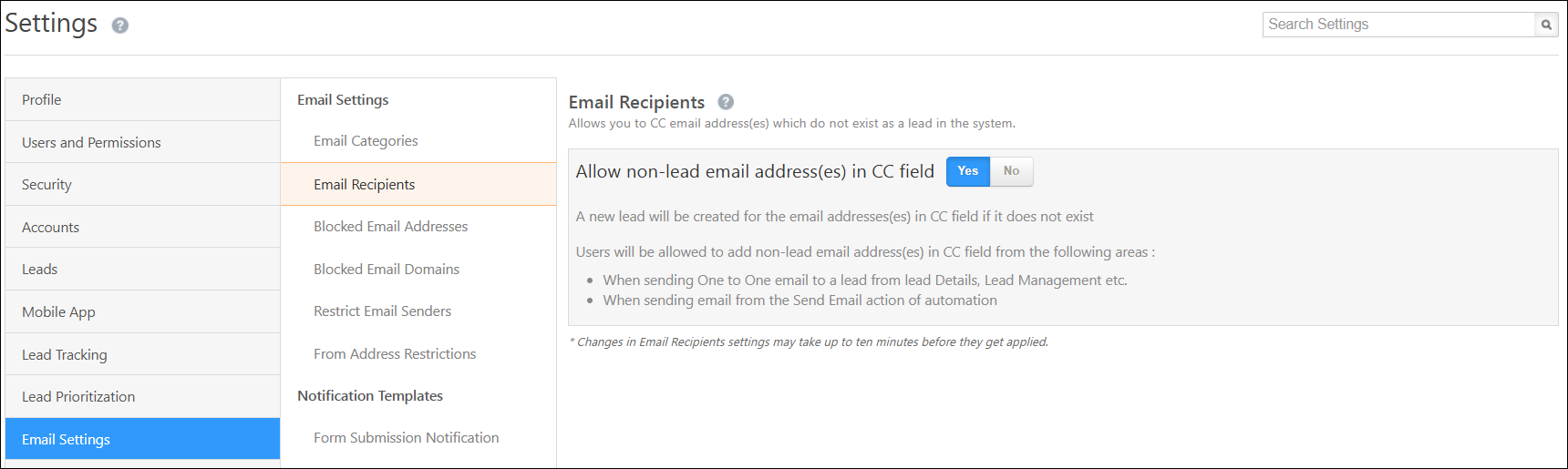 LeadSquared Email Settings