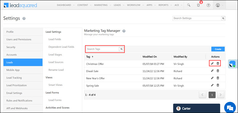 LeadSquared - Marketing tags other actions