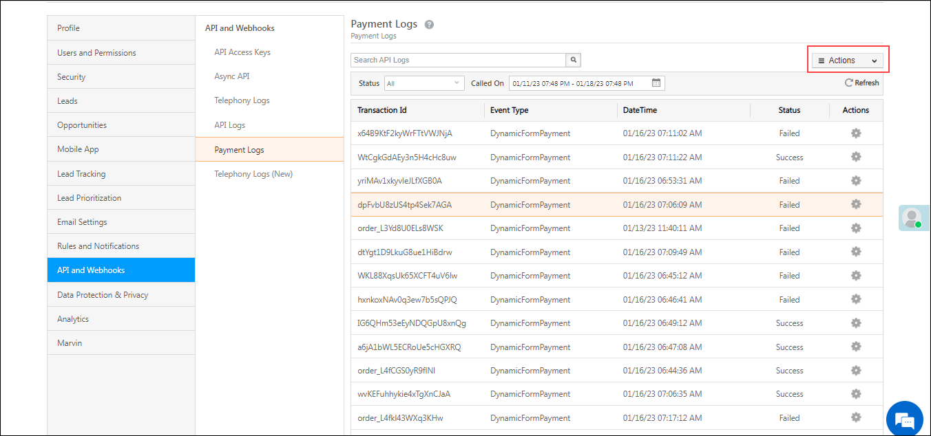 payment logs actions