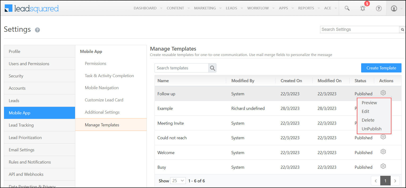 LeadSquared - Actions on manage templates