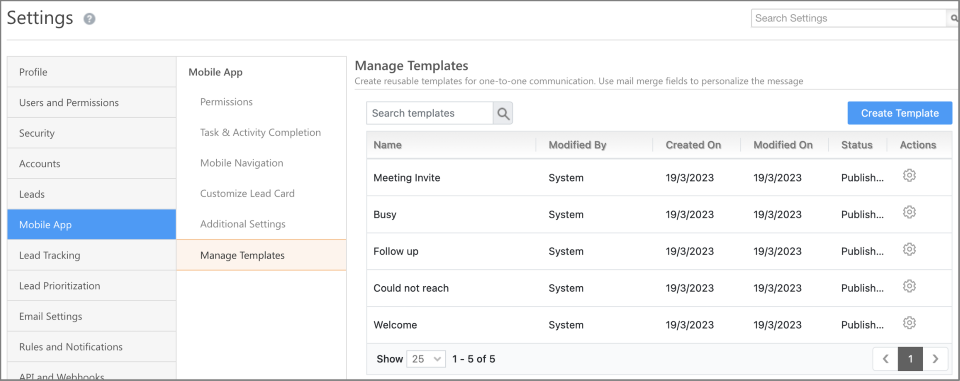 LeadSquared - manage templates settings