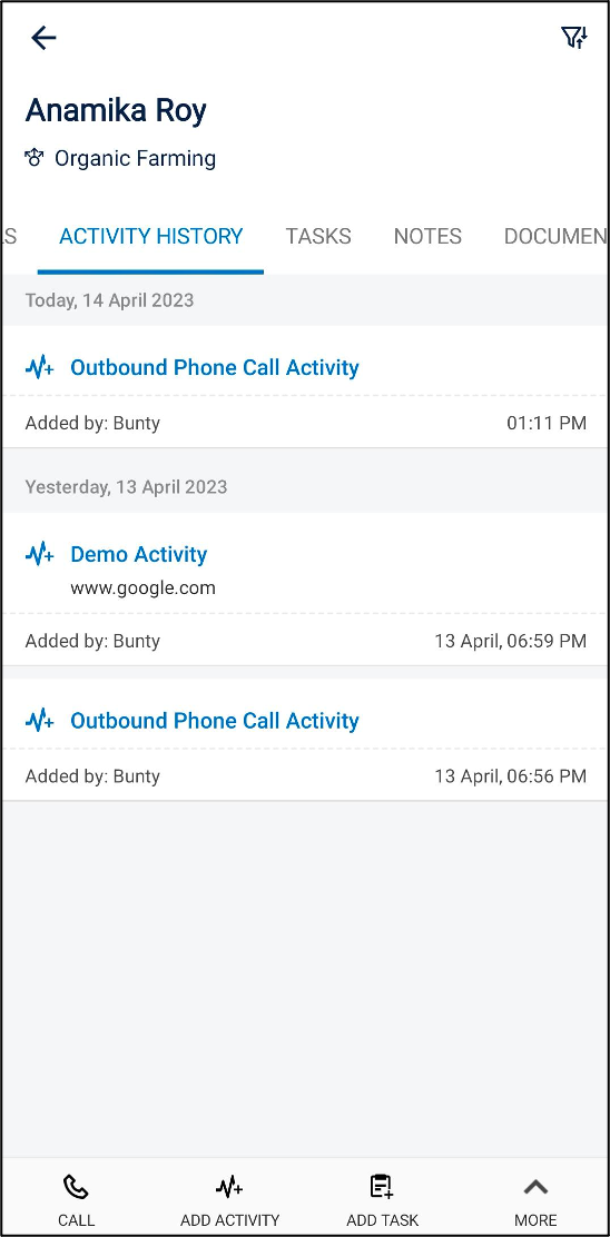 LeadSquared - Outbound call activity of opportunity
