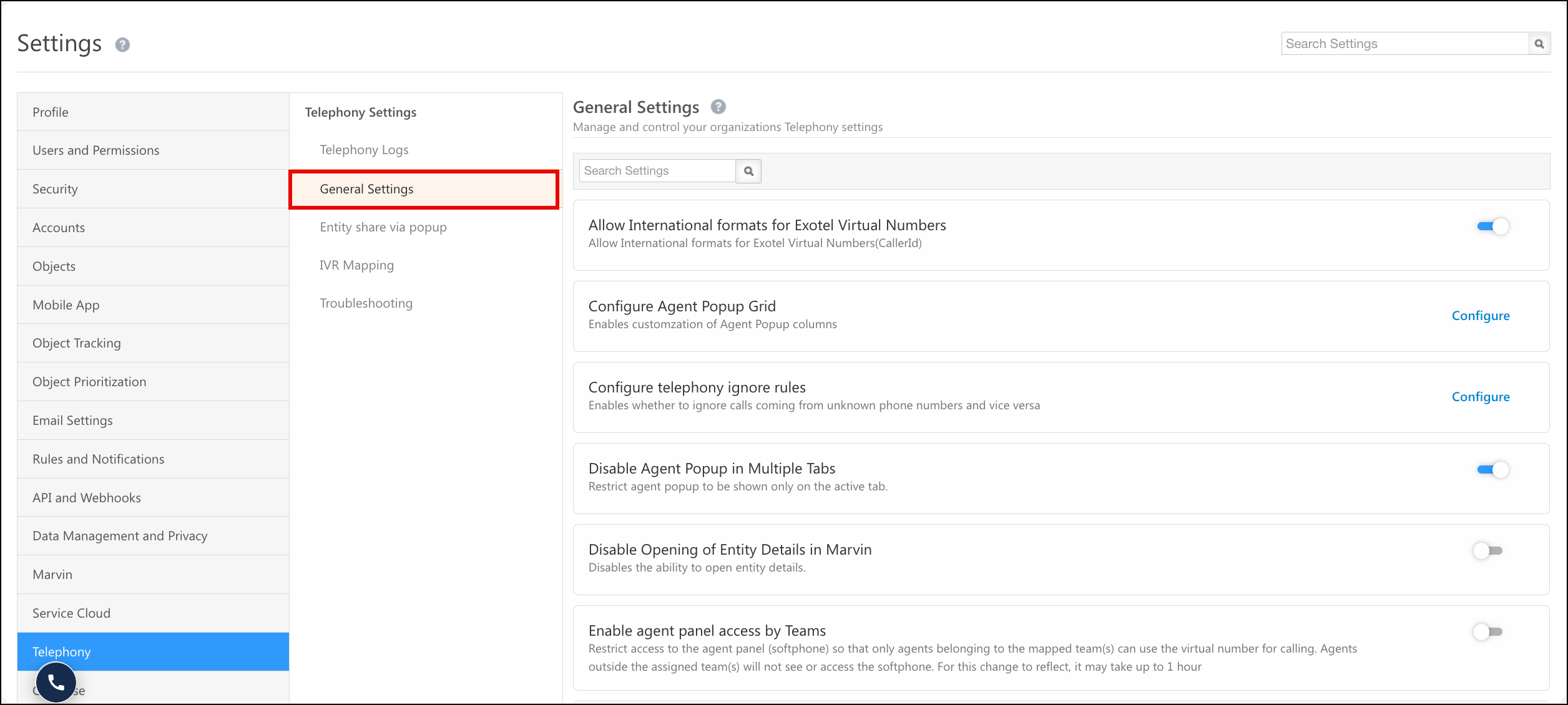 telephony general settings