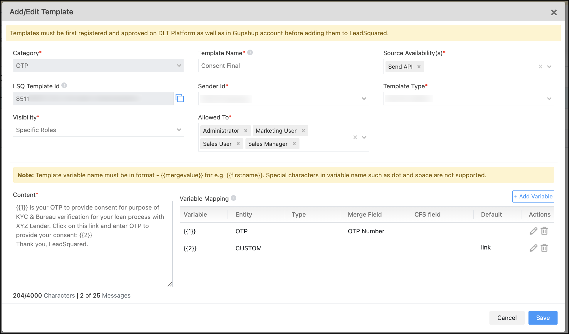 configuring sms template for consent management