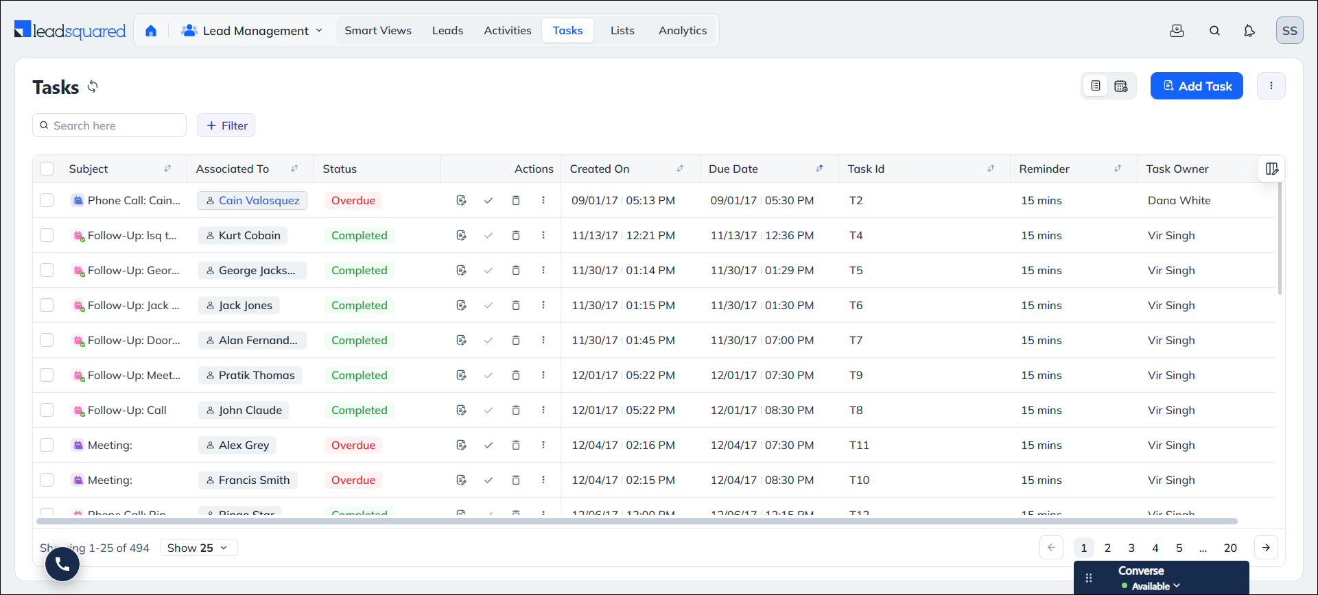 Manage LeadSquared Tasks