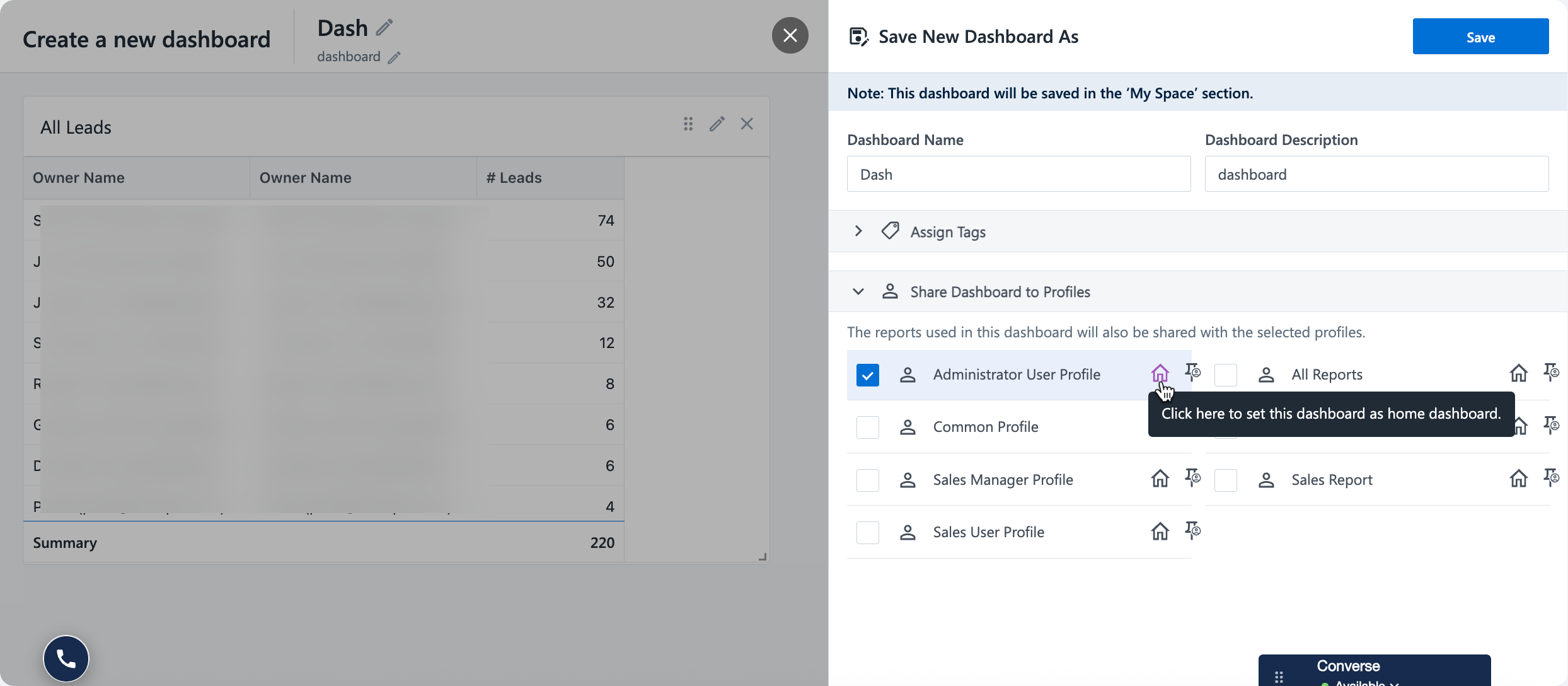 setting dashboard as home