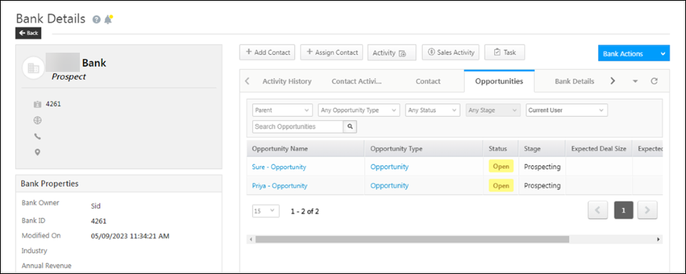 LeadSquared - Opportunities tab in Account Details