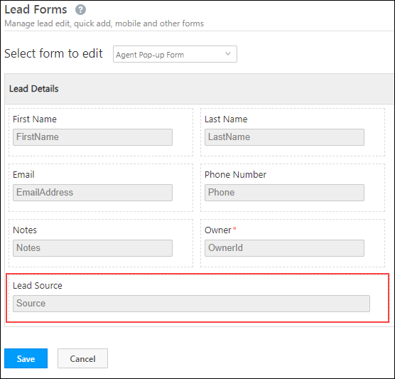 agent pop up lead source field