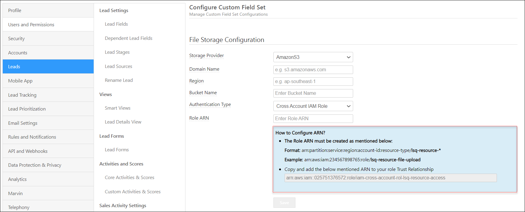 LeadSquared Custom Field Set File Storage