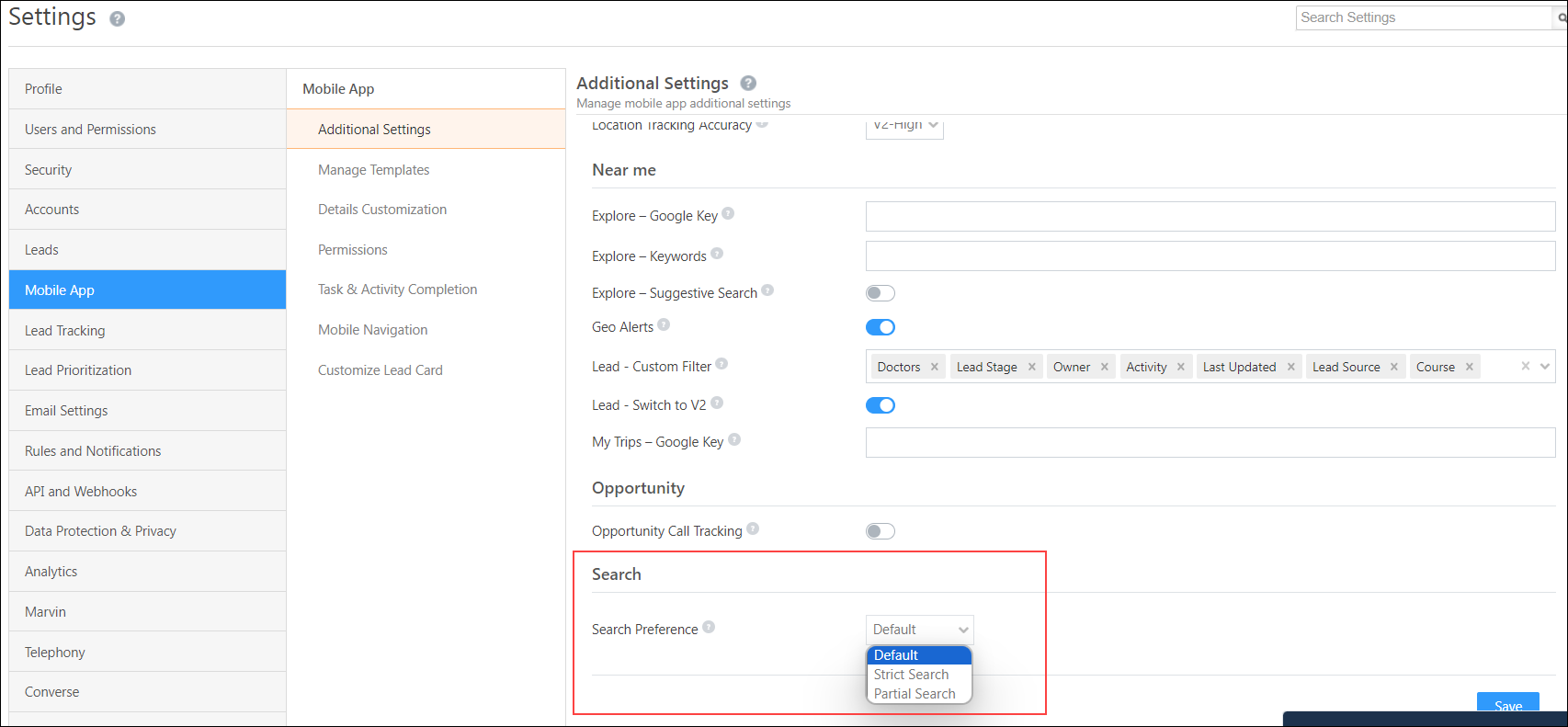 LeadSquared - Search preference