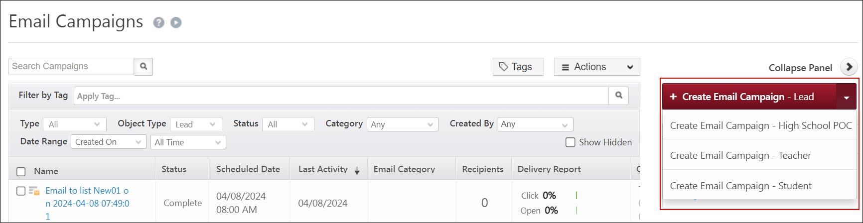 Leadsquared - Object Type Email Campaigns
