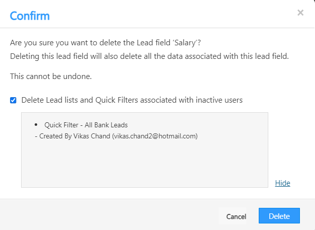 Leadsquared - Lead field deletion