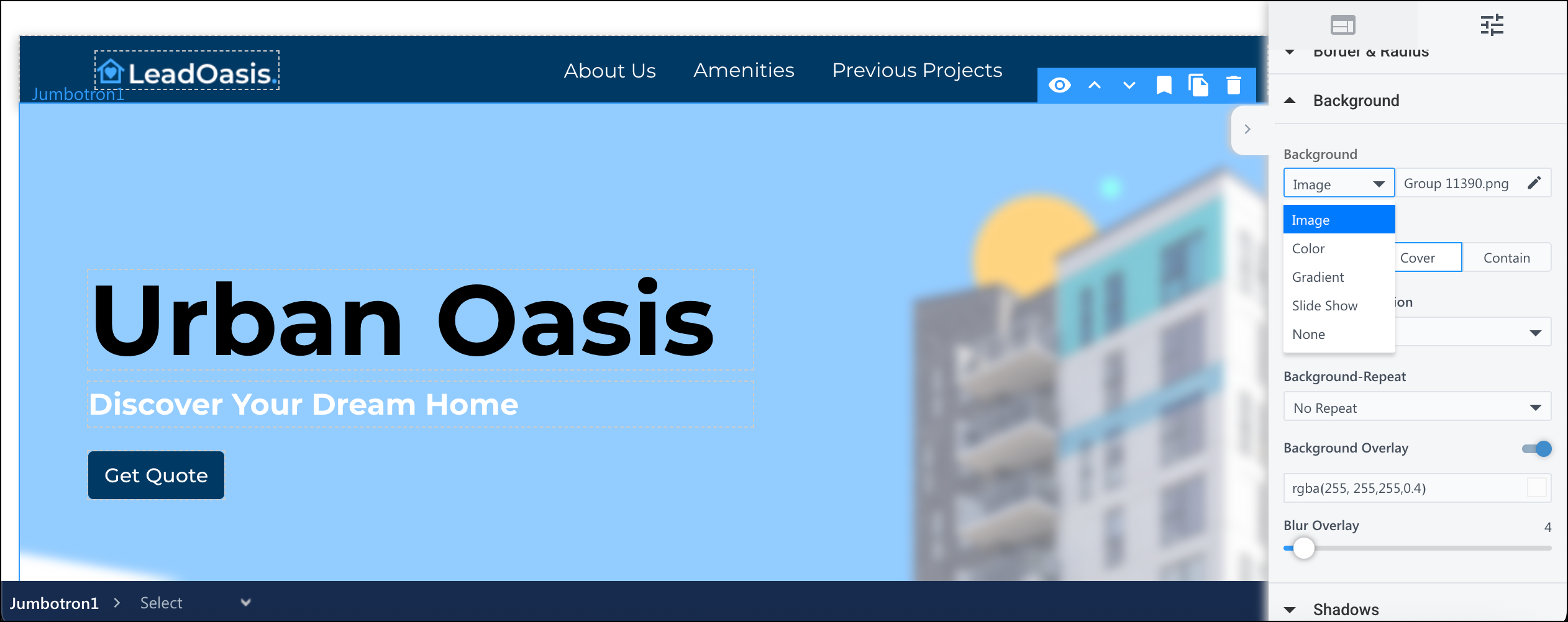 add background on landing pages pro